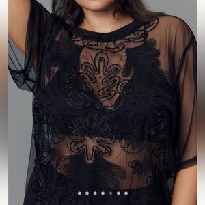 Anthropologie Sheer Mesh Short-Sleeve Blouse NEW Black Embroidered Small